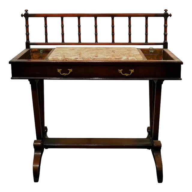 Antique Wood and Marble Trestle Credenza Jardiniere For Sale