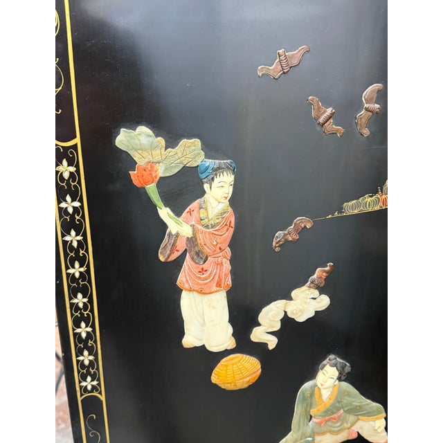 Chinese Black Lacquer Four-Panel Folding Screen + Soapstone Inlay, Vintage For Sale In San Francisco - Image 6 of 12
