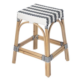Robias 24.5 in. Seat Height Rectangular Rattan Backless Counter Stool with Footrest, White/Navy Stripe/ Natural Rattan Frame For Sale