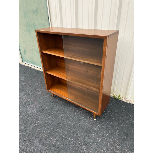 Mid Century Modern Walnut Bookcase With Sliding Glass Doors For Sale - Image 9 of 12