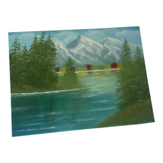 1990s Riverside and Mountains Landscape Painting With Colorful Bushes on Canvas For Sale