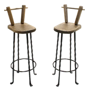 Set of Brutalist Wrought Iron & Oak Bar Stools, 1970s