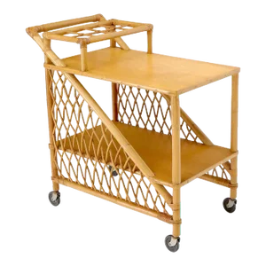 Mid century modern rattan and bamboo serving bar cart w/ bottles holder.