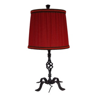 Rustic Table Lamp with Handmade Black Iron Base and Red Fabric Shade by Triebenbacher, 1970s For Sale