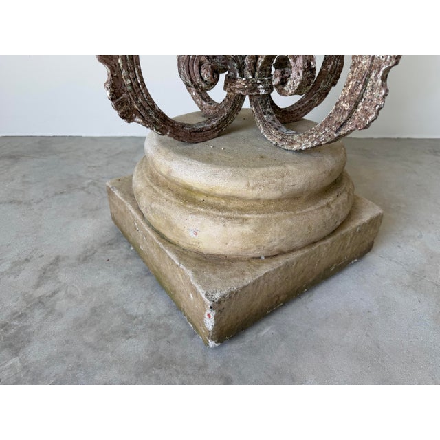 Vintage Wrought Iron & Concrete Pedestal Outdoor Dining Table With Glass Top For Sale - Image 11 of 12