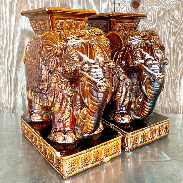 Vintage Coastal Glazed Ceramic “Root Beer” Elephant Garden Seats - a Pair For Sale - Image 4 of 10