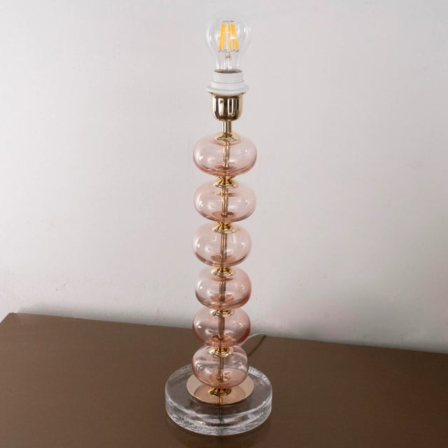 Murano glass table lamp, pink color sphere with pure clear glass base, height 45 cm handmade made in italy dimensions: h...