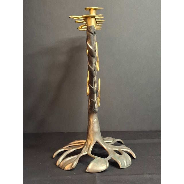 VTG Fred Spinowitz Tree of Life Menorah Signed Judaica Silver Tone Brass Leaves For Sale In Boston - Image 6 of 18