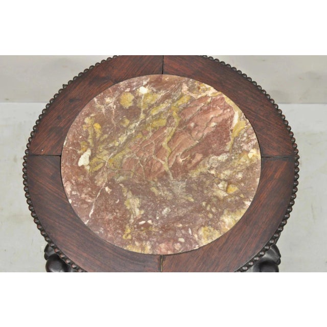 Antique Chinese Carved Hardwood Foo Dog Marble Top 18" Plant Stand Side Table For Sale - Image 4 of 10