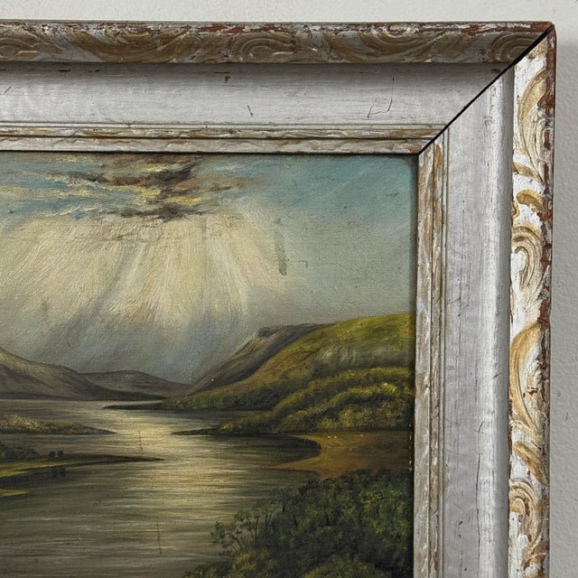 Rustic Antique Folk Art Bucolic Landscape With Sheep and River, Signed (1928, Oil on Canvas) For Sale - Image 3 of 7