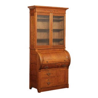 Antique Victorian Carved Oak & Glass Door Cylinder Roll Secretary Desk For Sale