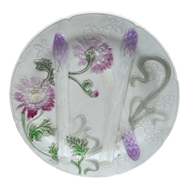 Majolica Asparagus Plate With Mums Keller & Guerin Saint Clement For Sale