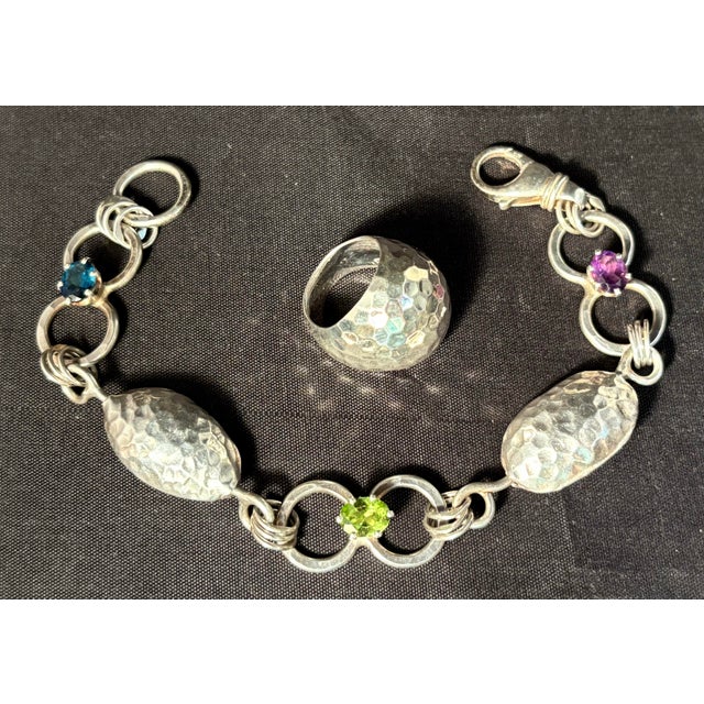 Late 20th Century Set of Hammered Sterling Silver Multi Gemstone Bracelet & Dome Ring. 2 Pieces For Sale - Image 4 of 12