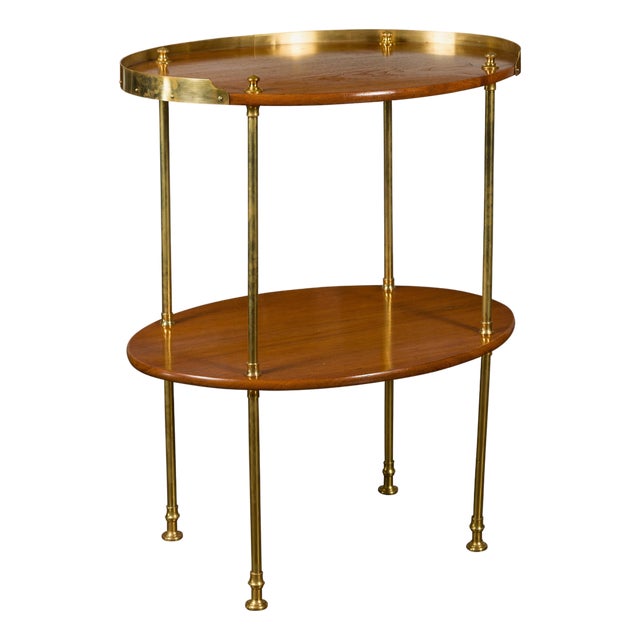 English Midcentury Mahogany Oval Two-Tiered Table with Brass Accents For Sale