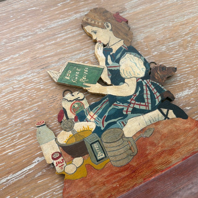 Red Vintage Hand Painted Folk Art Wooden Kitchen Shelf Featuring Girl Baking With Dog For Sale - Image 8 of 10