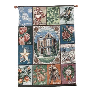 Vintage "Seasons" Woven Tapestry – Months of the Year, Cottagecore Decor For Sale