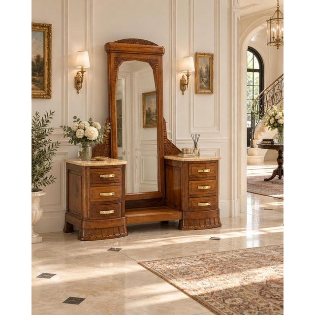 French Art Deco Dressing Table in Walnut, Marble and Mirror, 1920s For Sale - Image 14 of 15