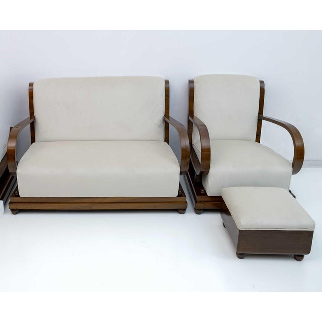 Art Deco Italian Walnut and Velvet Sofa, Armchair, and Ottoman, 1920s, Set of 3 For Sale - Image 13 of 13