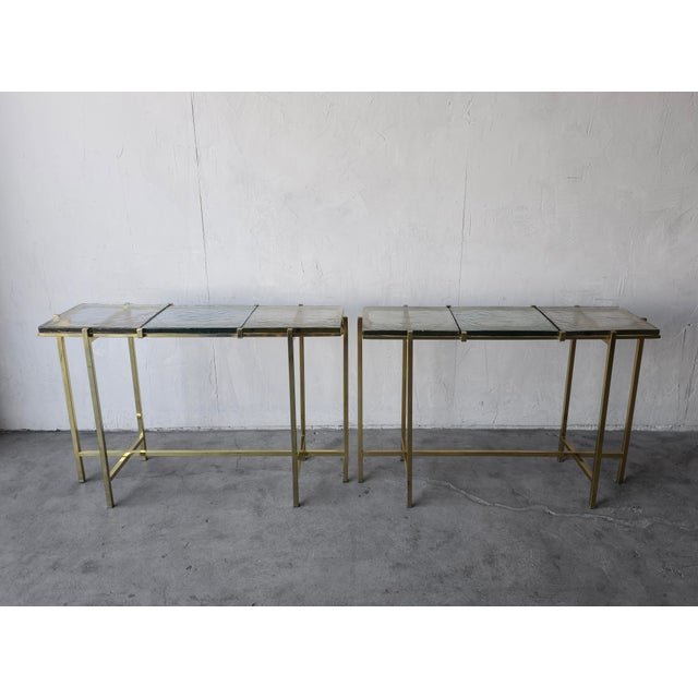Hollywood Regency Pair of Bespoke Brass and Cast Glass Console Tables For Sale - Image 3 of 10