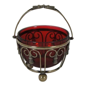 Antique James Kirkby Silver Plate Basket & Ruby Glass Insert Nut Jam Preserve