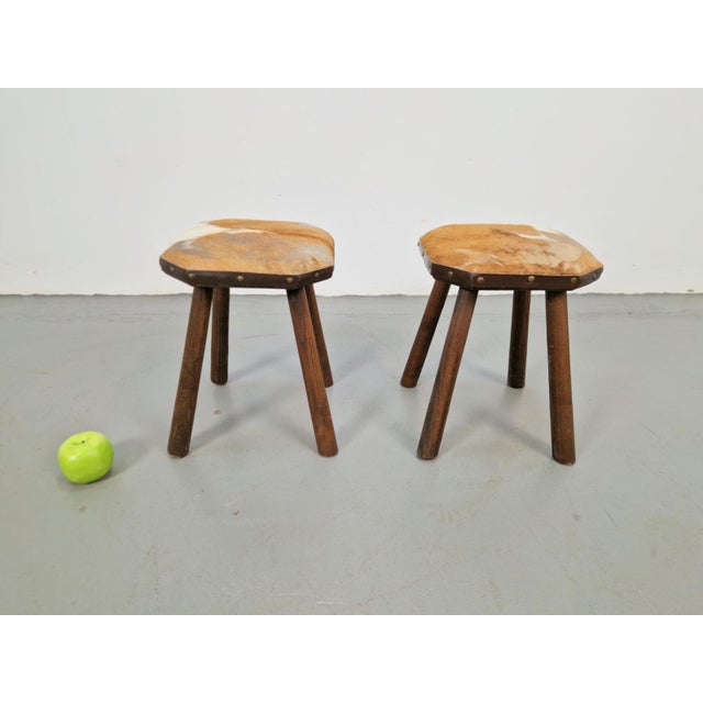 Vintage Milk Stools with Cowhide, 1950s, Set of 2 For Sale - Image 3 of 8