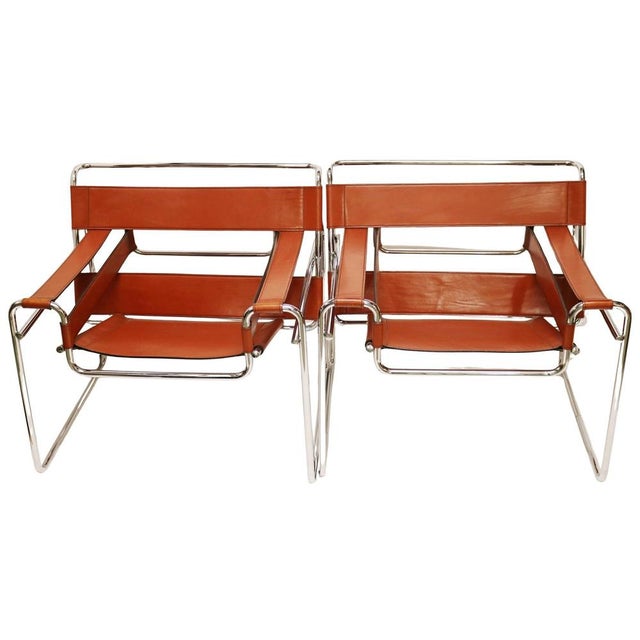 Wassily B3 Armchair in Chrome and Tan Leather by Marcel Breuer, Set of 2 For Sale - Image 4 of 4