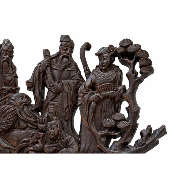 Chinoiserie Vintage Hand-Carved Chinese Eight Immortals Wall Panel in Dark Hardwood, Figural Relief Sculpture For Sale - Image 3 of 7