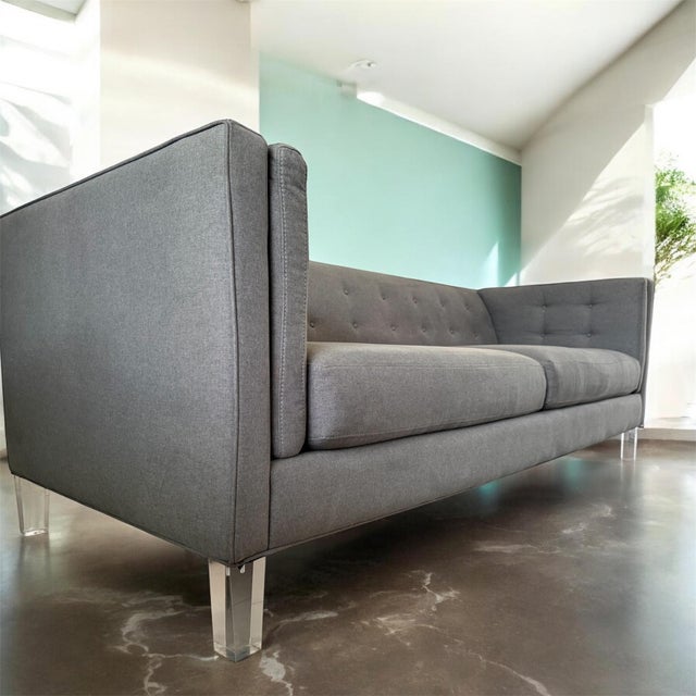 Mid-Century Modern Modern Grey Tufted Sofa With Acrylic Legs – For Sale - Image 3 of 10