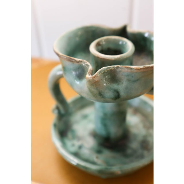 Italian 1950s Handmade Italian Green Handled Candle Holder by Vietri For Sale - Image 3 of 4
