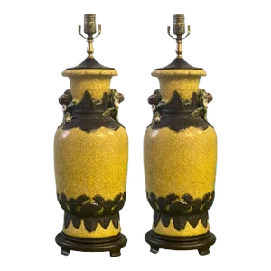 Chinese Export Style Jar / Vase Form Crackle Glaze Table Lamps W/ Fruit - Pair