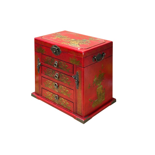 Chinese Oriental Red Flower Birds Mirror Rectangular Jewelry Box For Sale - Image 4 of 14