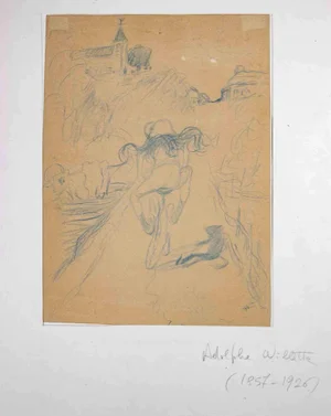 Adolphe Willette, Woman on Bicycle, Pencil Drawing, 1890s