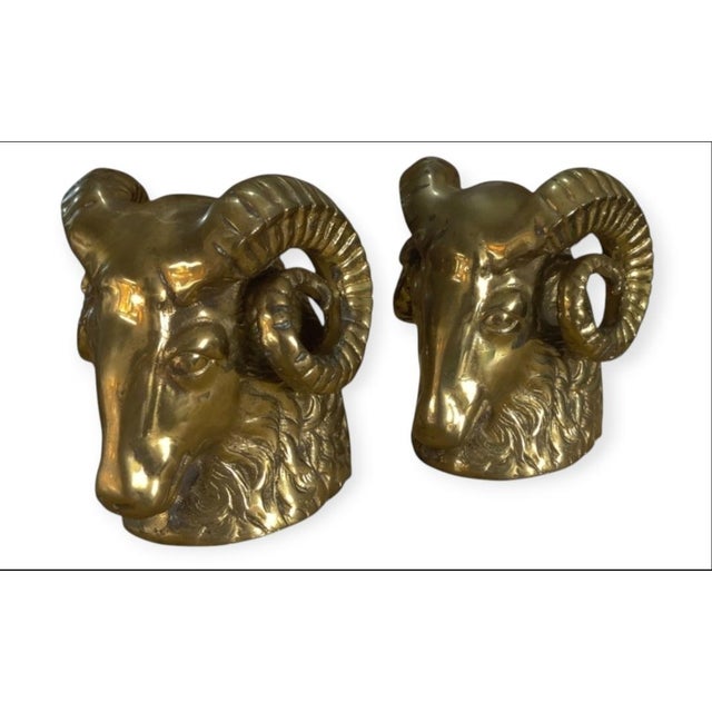 Mid-Century Modern Vintage Pair of Rare Brass Ram's Head Bookends For Sale - Image 3 of 7