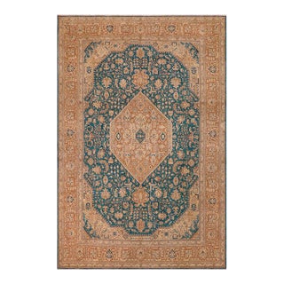 Shabby Chic 1990's Vintage Teal/Brown Wool Rug - 9'8'' X 12'9'' For Sale