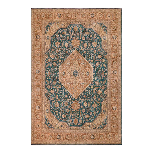 Shabby Chic 1990's Vintage Teal/Brown Wool Rug - 9'8'' X 12'9'' For Sale