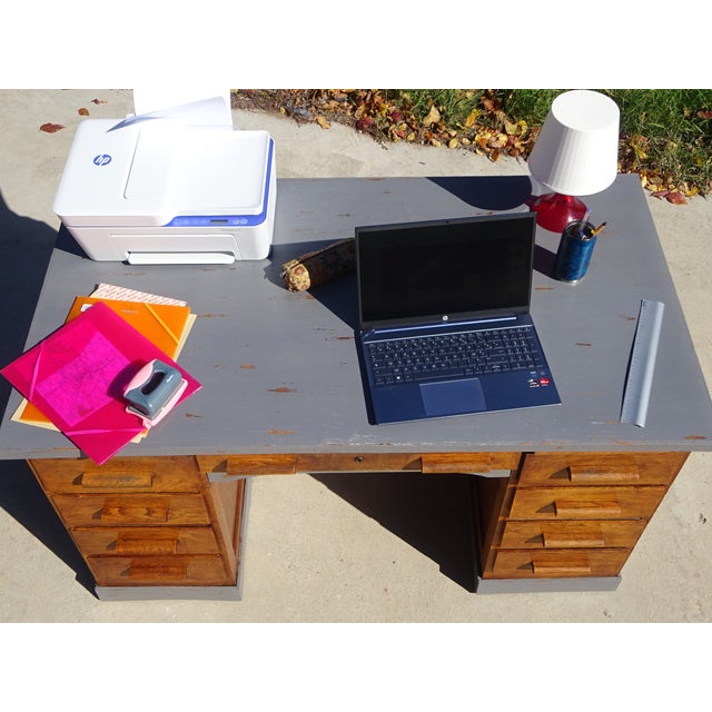 Gray Vintage American Oak Desk, 1950s For Sale - Image 8 of 18