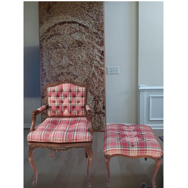 Vintage Walnut French Provincial Armchair & Ottoman Set in Rich Plaid Upholstery For Sale - Image 12 of 12