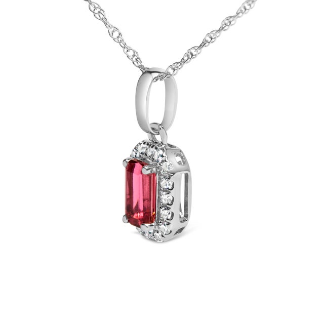 10K White Gold 5x3mm Pink Tourmaline and Diamond Accent Halo Octagonal Shape 18" Pendant Necklace (I-J Color, I1-I2 Clarity) For Sale - Image 4 of 5