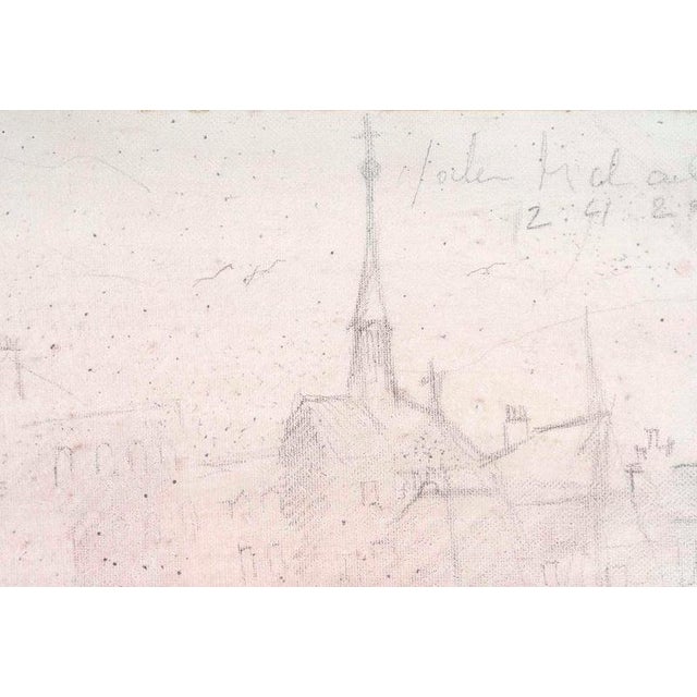 Drawing and painting on canvas by Jochen Michaelis, View of a Village and Its Red Mist. Painting and drawing on canvas,...