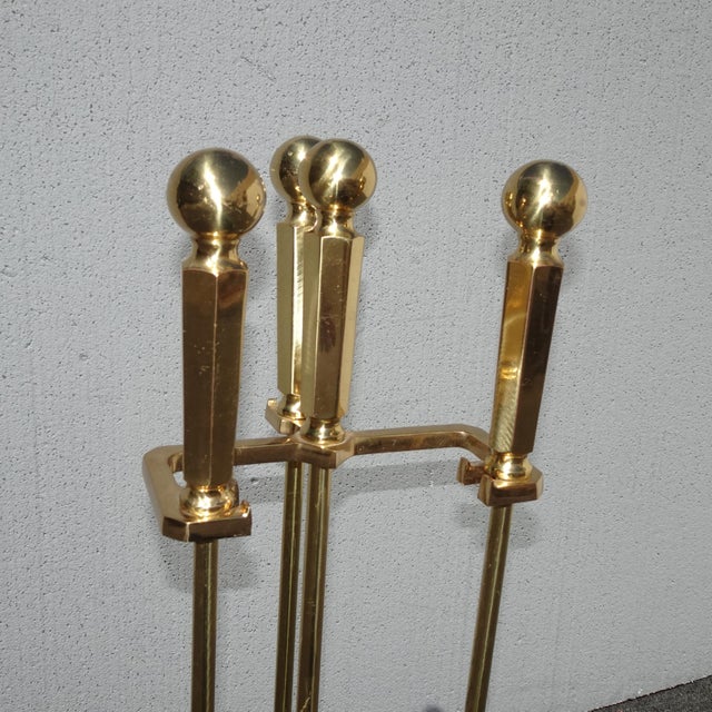 Vintage French Country Gold Brass Fireplace Tools W Three Tools For Sale In Los Angeles - Image 6 of 12