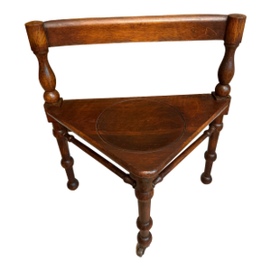 Antique Patented Sliding Seat Mahogany Triangular Corner Chair With Turned Legs and Brass Castor