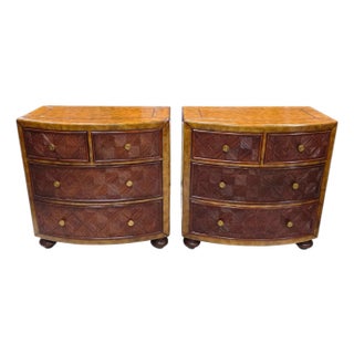 Late 20th Century Pair of Lineage Home Woven Rattan Front and Leather-Clad Bow Front Chest of Drawers For Sale