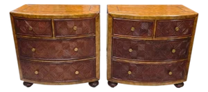 Late 20th Century Pair of Lineage Home Woven Rattan Front and Leather-Clad Bow Front Chest of Drawers