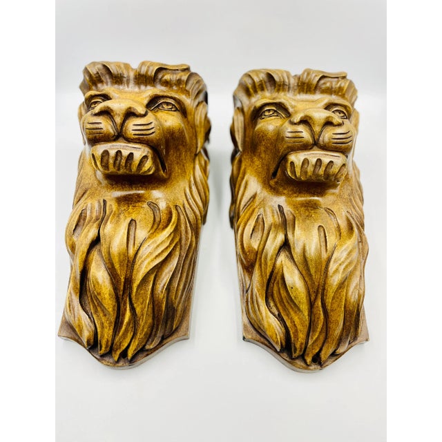 Sienna Early 20th Century Carved Wood Lion Head Wall Brackets- Set of 2 For Sale - Image 8 of 12