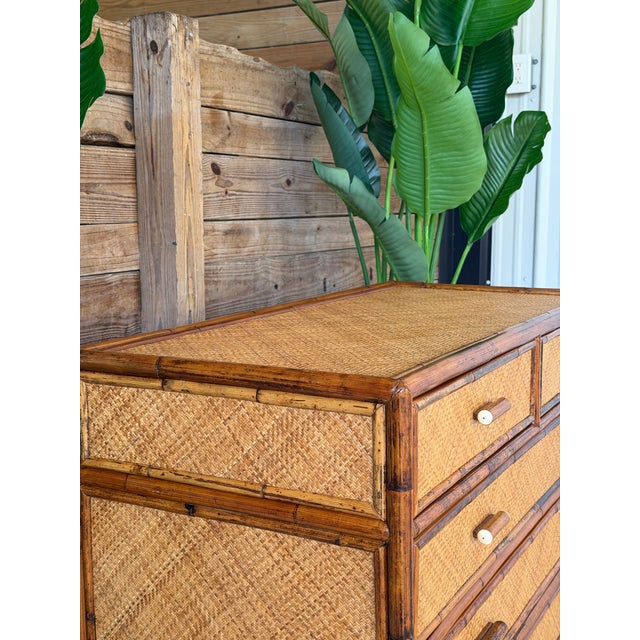 Vintage E. Murio Manila Refinished Rattan & Raffia Five Drawer Chest For Sale - Image 11 of 12