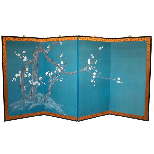 C. 1970s Japanese Style Silk Screen "Blossoming Cherry Tree" For Sale - Image 4 of 18