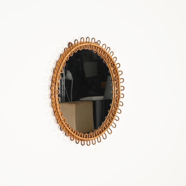 Round Curved Rattan and Bamboo Mirror attributed to Franco Albini, Italy, 1960s For Sale - Image 12 of 14