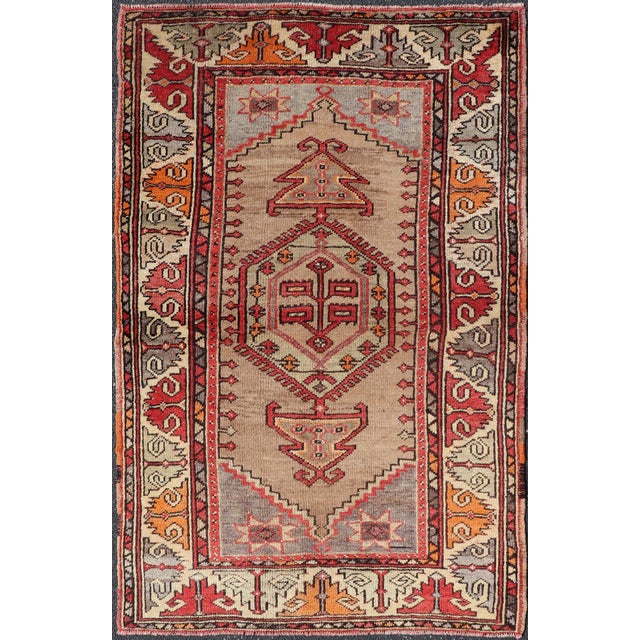 Colorful Vintage Turkish Oushak Rug With Geometric Design. Oushak vintage Rug with Geometric Tribal Motifs, Keivan Woven...