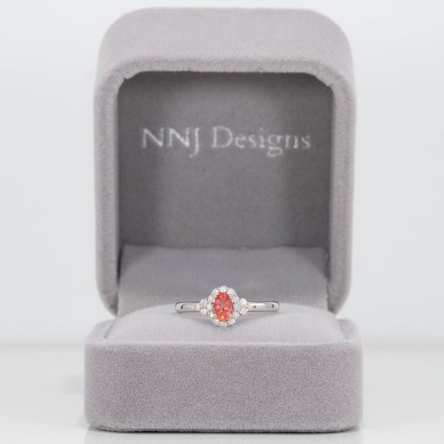 Modern Aaa Padparadscha Sapphire Ring With Natural Diamonds Halo: Solid 14k Gold, 5x3mm, Size 6.75 For Sale - Image 3 of 9