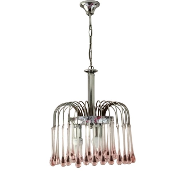 Cascading Chandelier with Pink Murano Glass Drops from Paolo Venini For Sale